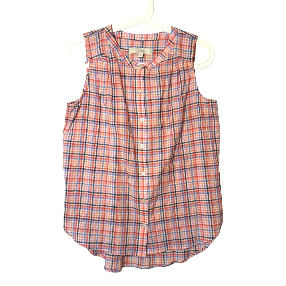 LOFT Womens XS Plaid Seersucker Sleeveless Button Down Shirt Coral Blue Multi